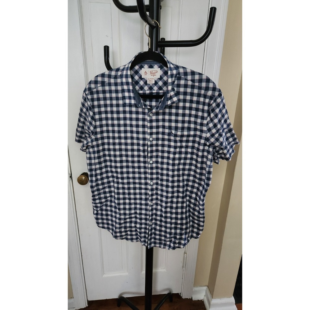 Original Penguin Heritage Slim Fit Mens Blue Plaid Short Sleeve  Shirt Size XL